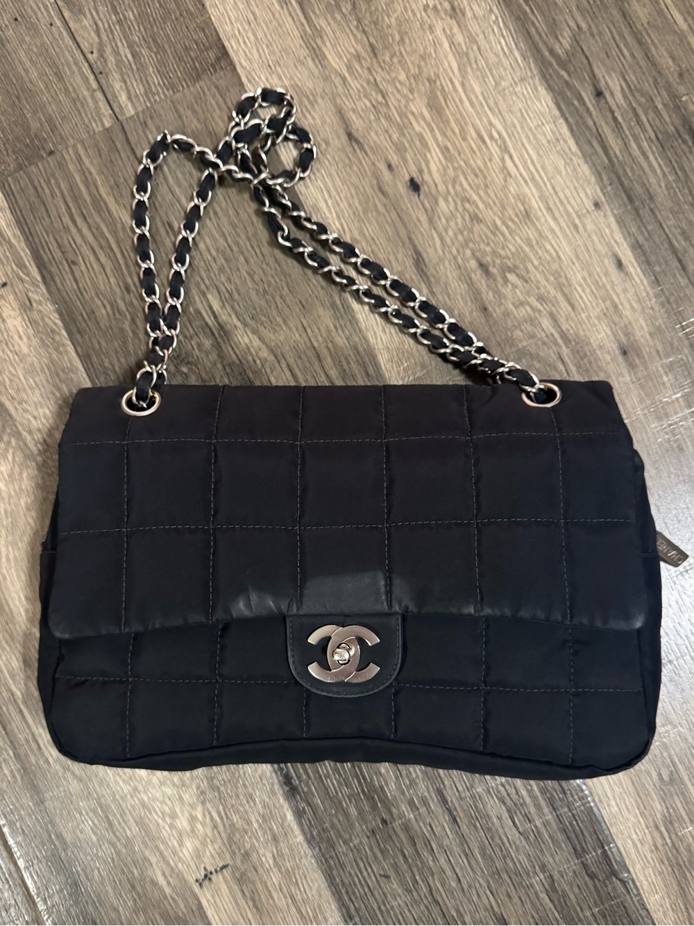 CHANEL Black Quilted Nylon Flap Shoulder Bag with Silver Chain